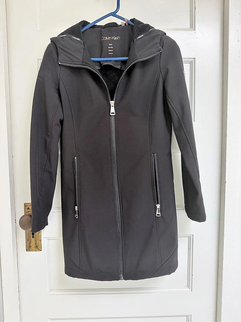 Calvin Klein Repel Breathe Stretch Protect Black Softshell Hooded Coat XXS.